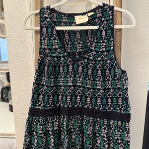 Anthropologie Maeve blue green white floral embroidery long tunic tank top